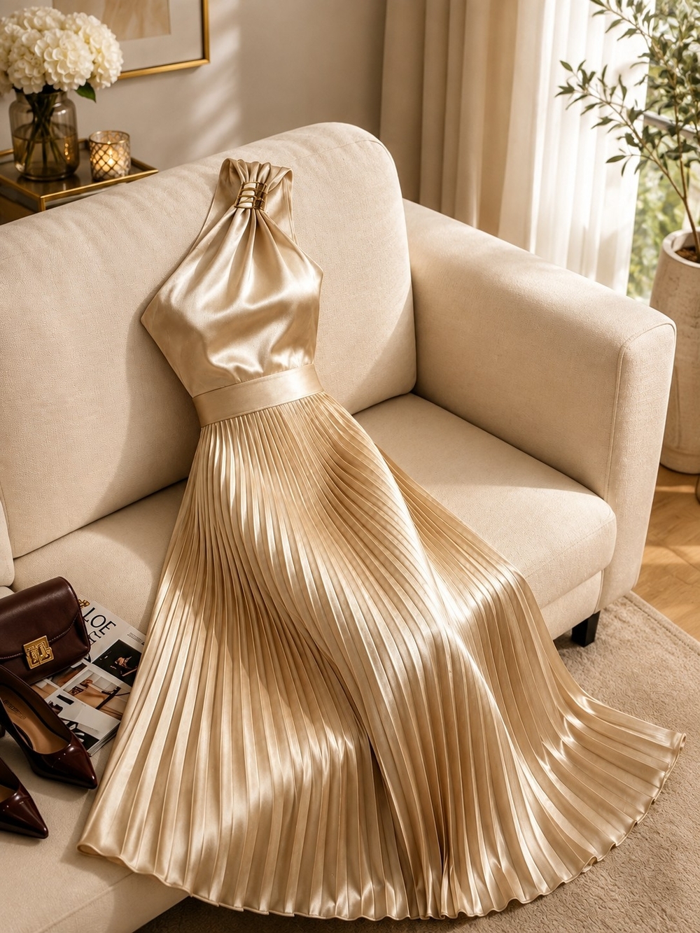 Gold One-Shoulder Pleated Satin Maxi Dress